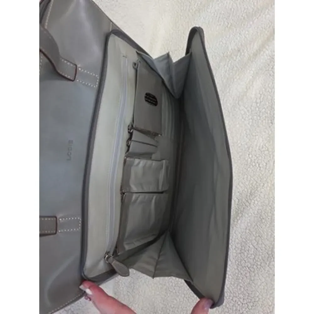 LODIS Leather Briefcase Laptop Work Tote Organizer Double Handles Gray Brown EUC